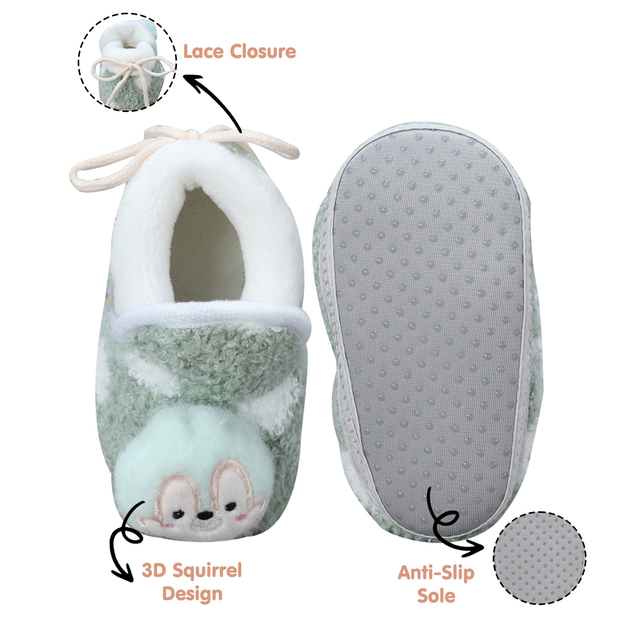 Baby Moo 3D Squirrel Soft Slip-On Anti-Skid Plush Warm Booties - Green