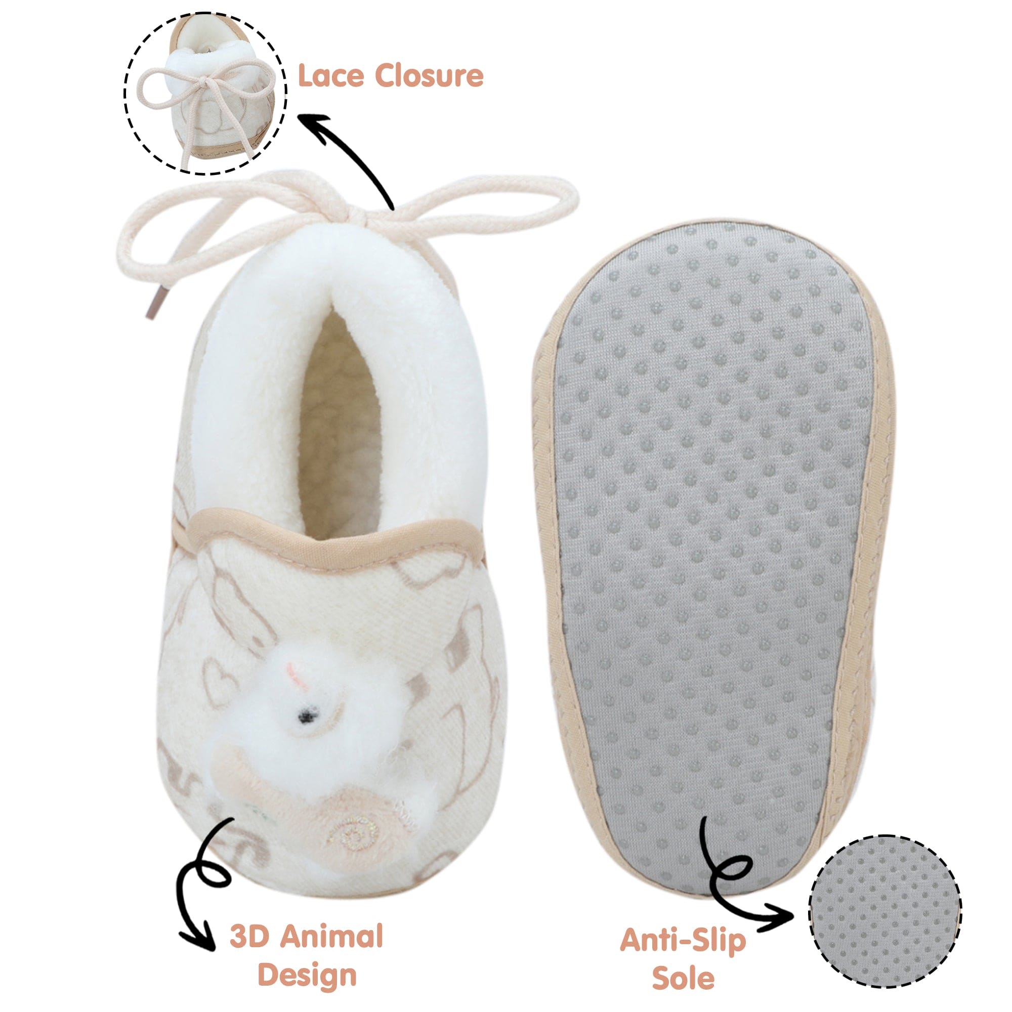 Baby Moo 3D Llama Elephant Prints Soft Slip-On Anti-Skid Plush Warm Booties - Beige