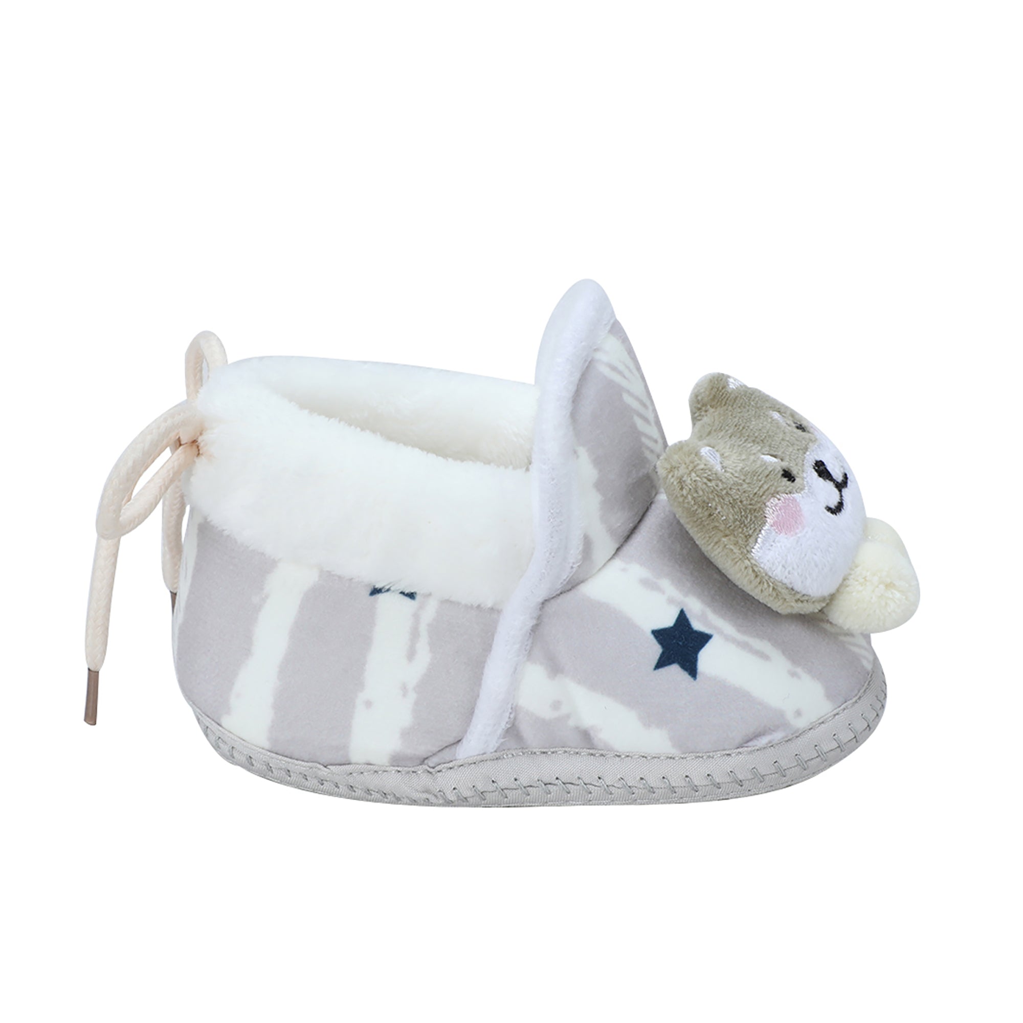 Baby Moo 3D Teddy Broad Stripes Soft Slip-On Anti-Skid Plush Warm Booties - Grey