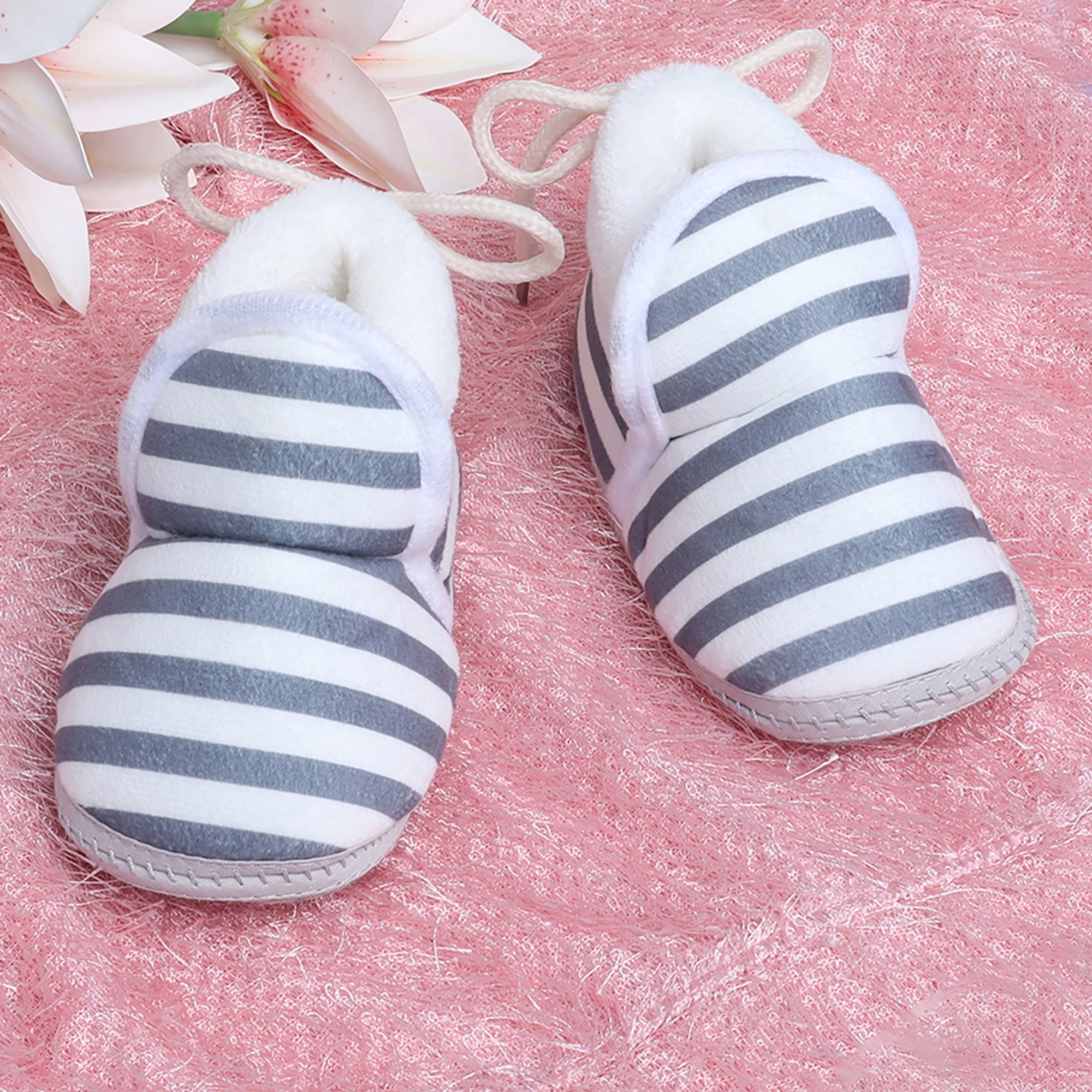 Baby Moo Striped Soft Slip-On Anti-Skid Plush Warm Booties - Grey