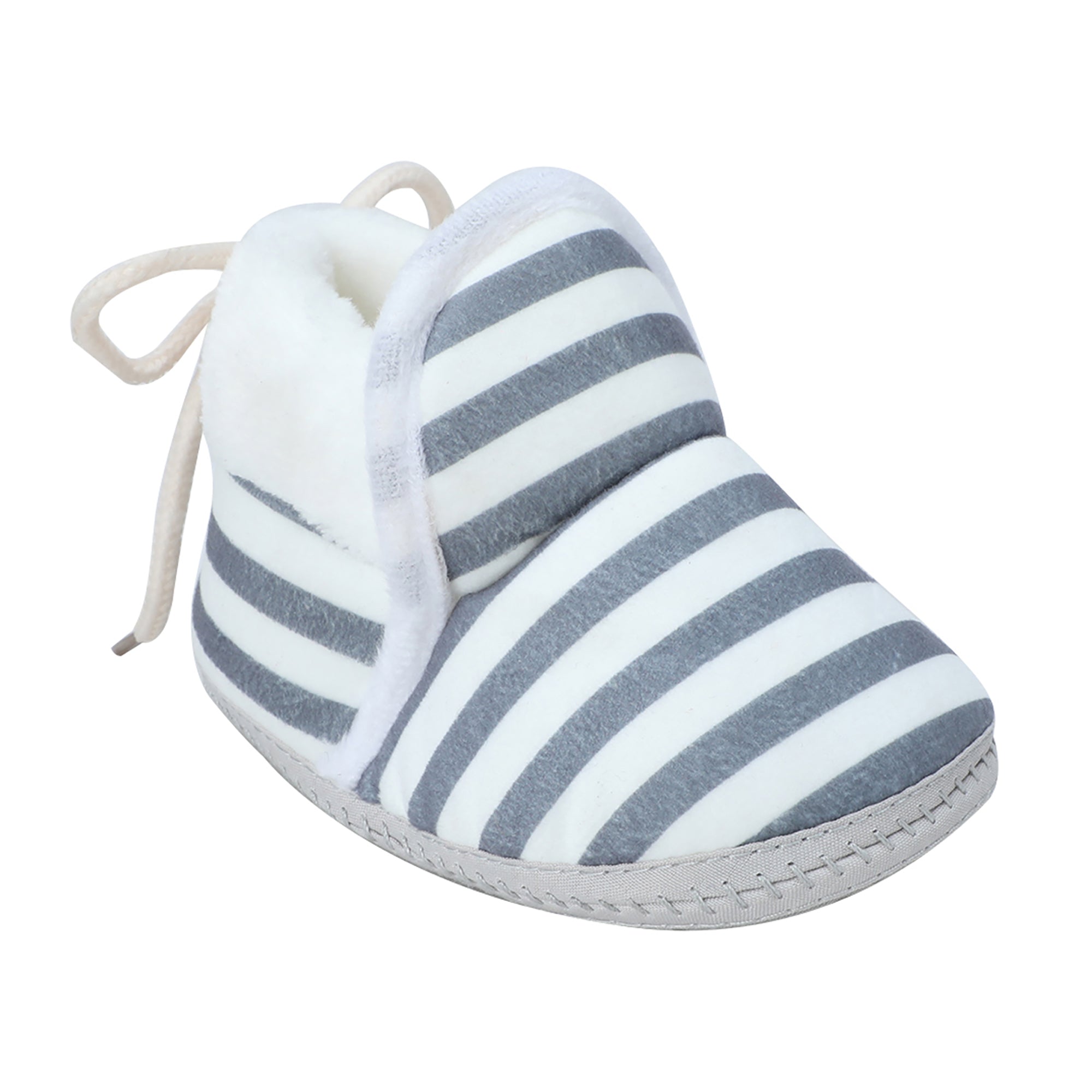 Baby Moo Striped Soft Slip-On Anti-Skid Plush Warm Booties - Grey