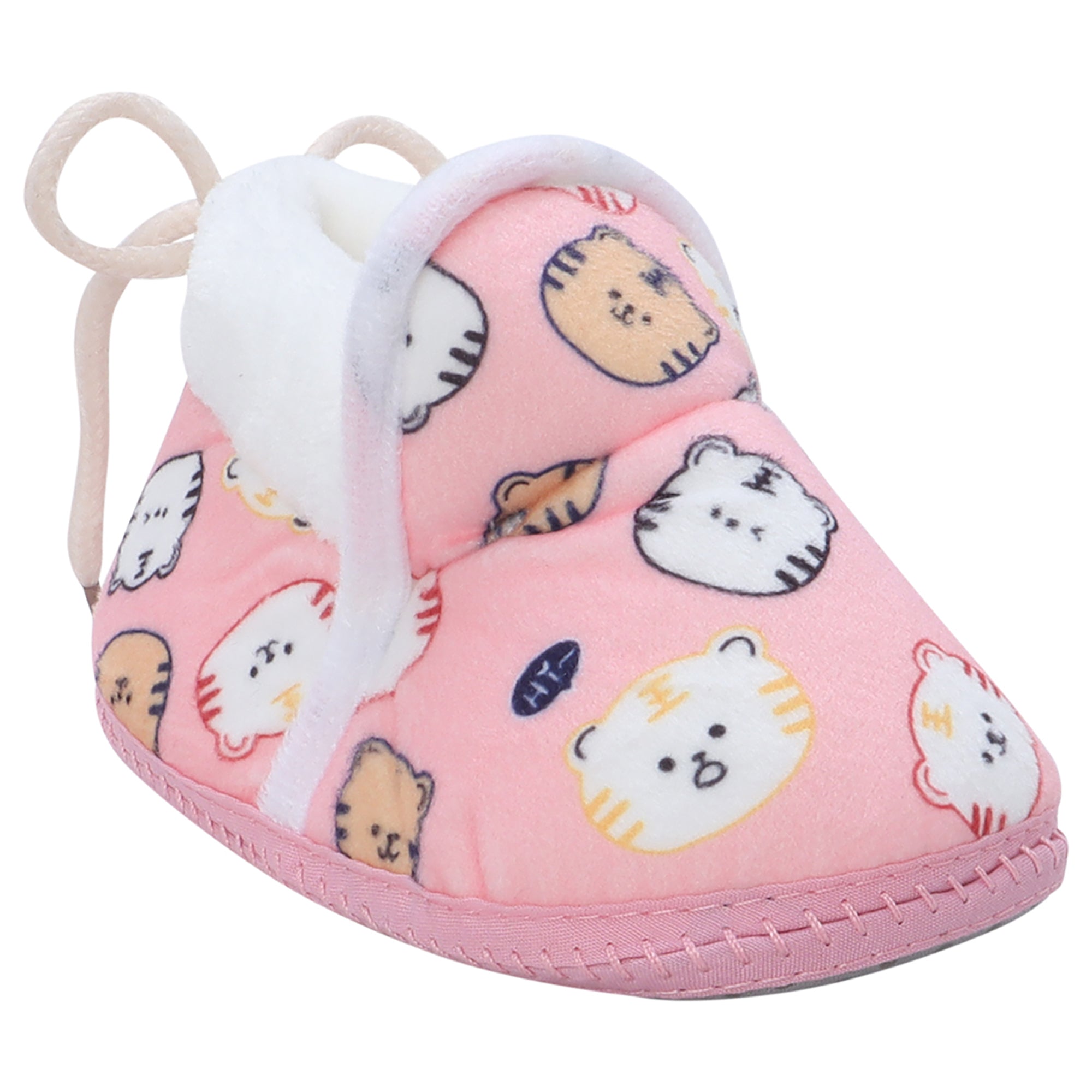 Baby Moo Kitty Face Printed Soft Slip-On Anti-Skid Plush Warm Booties - Pink