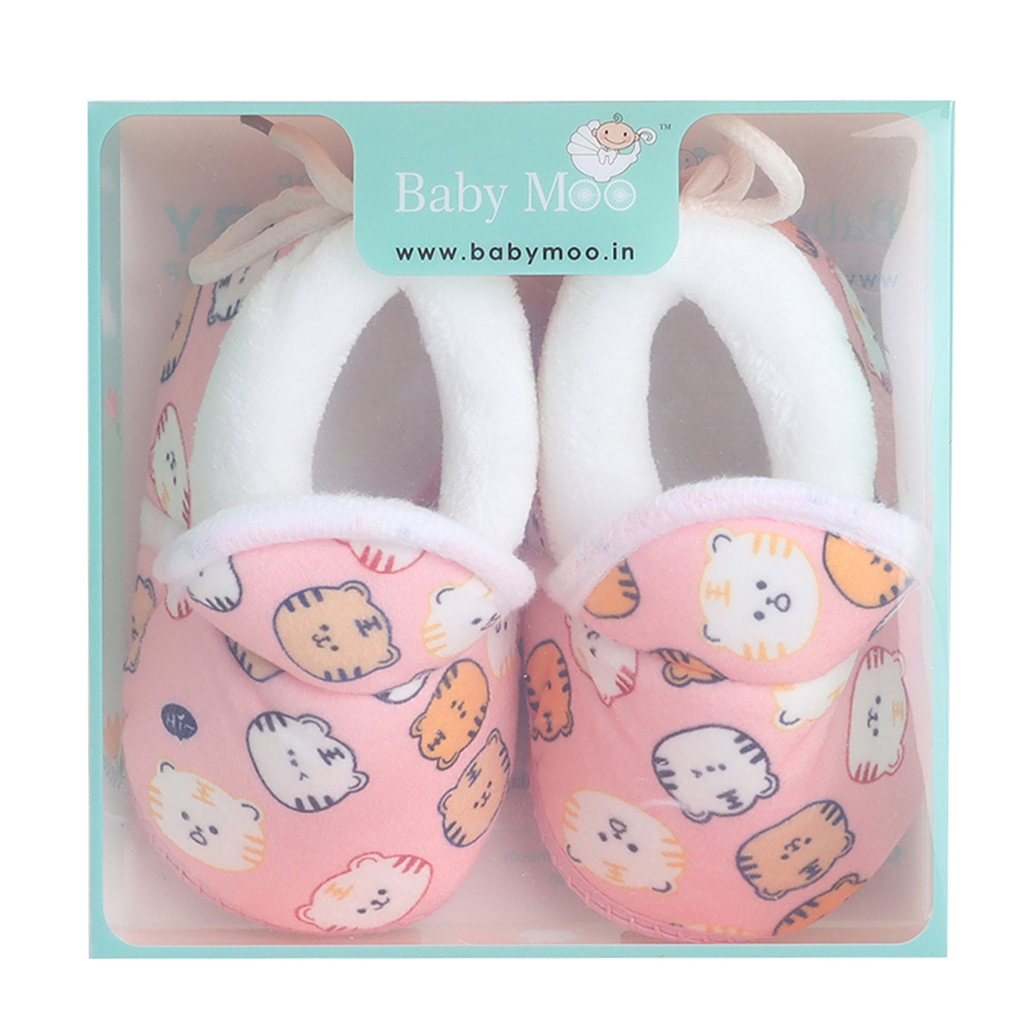 Baby Moo Kitty Face Printed Soft Slip-On Anti-Skid Plush Warm Booties - Pink