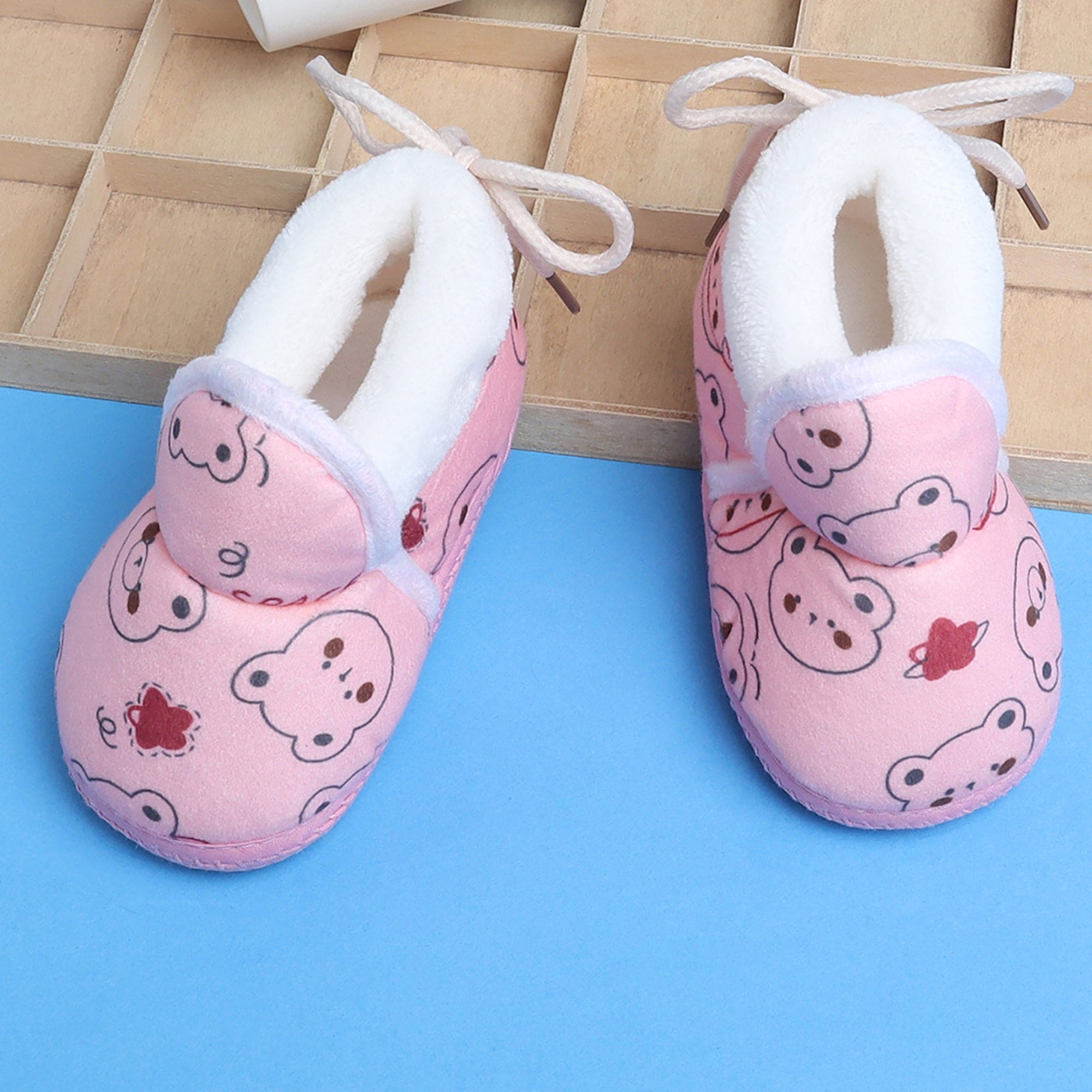 Baby Moo Panda Face Printed Soft Slip-On Anti-Skid Plush Warm Booties - Pink