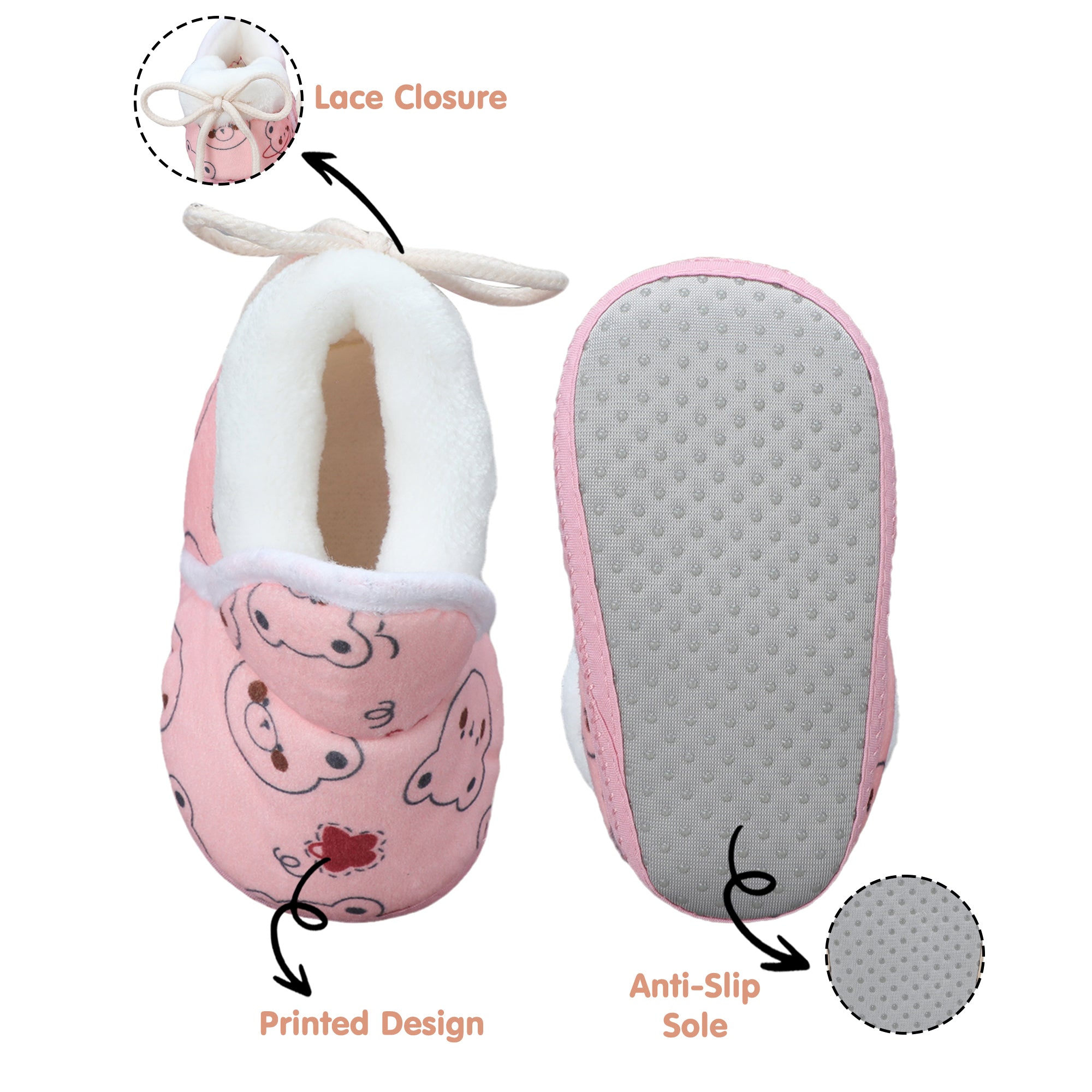 Baby Moo Panda Face Printed Soft Slip-On Anti-Skid Plush Warm Booties - Pink