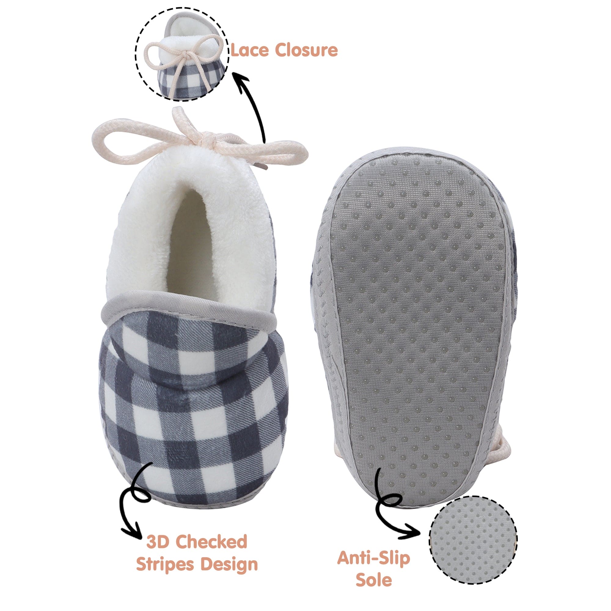 Baby Moo Checked Soft Slip-On Anti-Skid Plush Warm Booties - Blue