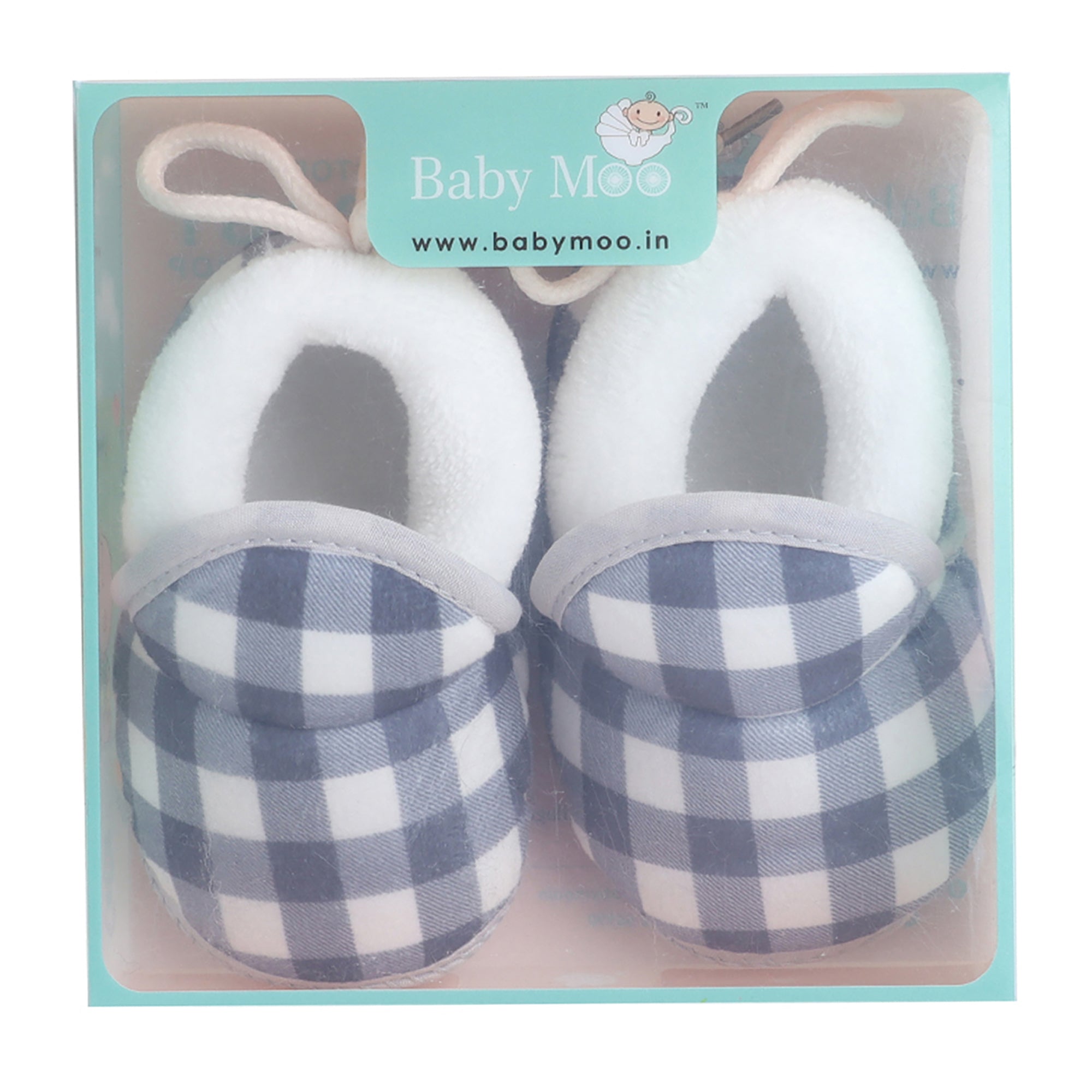 Baby Moo Checked Soft Slip-On Anti-Skid Plush Warm Booties - Blue