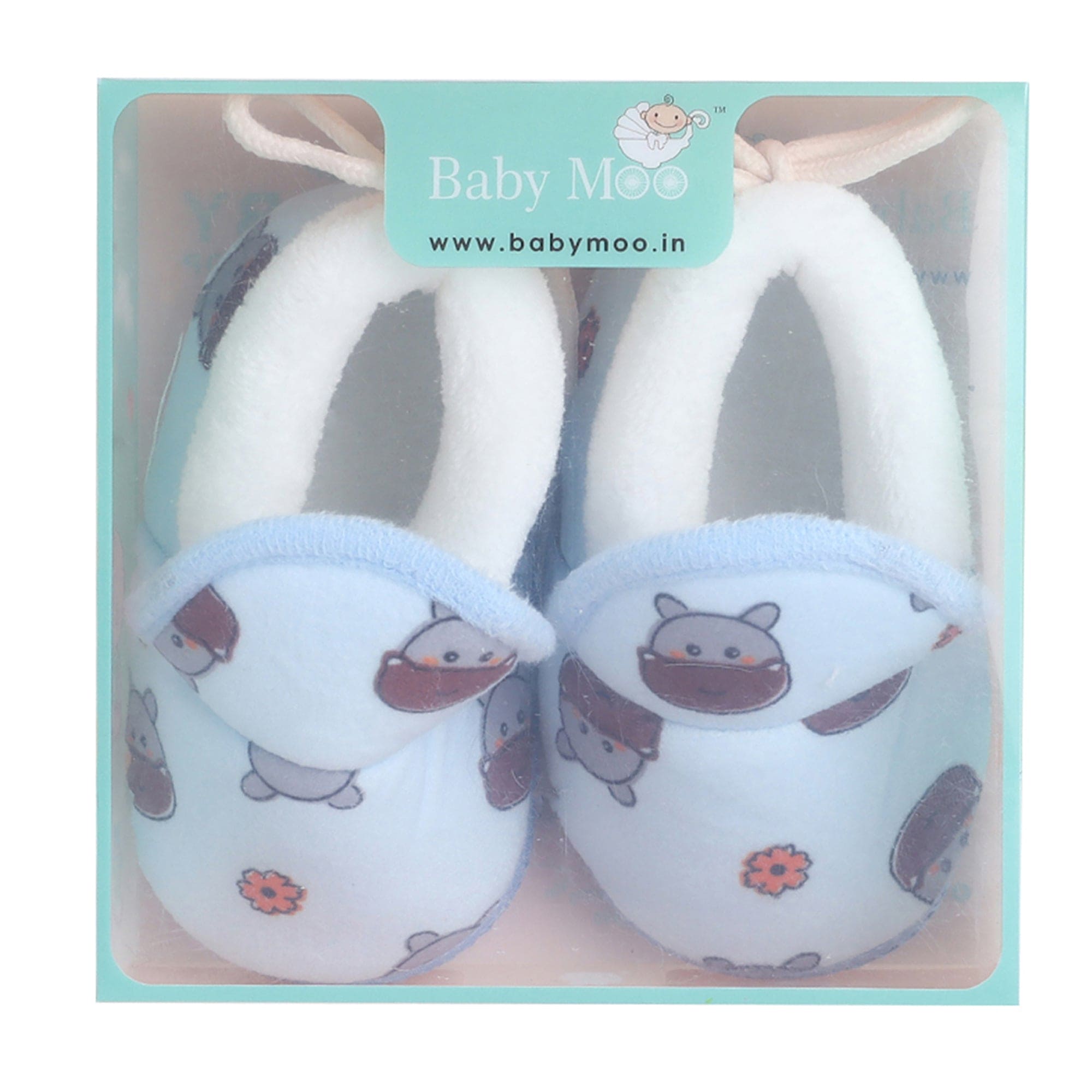 Baby Moo Hippo Face Printed Soft Slip-On Anti-Skid Plush Warm Booties - Blue