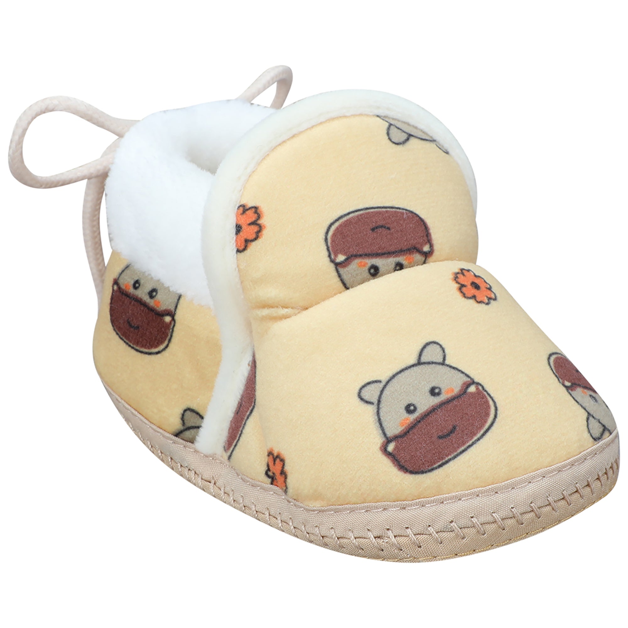 Baby Moo Hippo Face Printed Soft Slip-On Anti-Skid Plush Warm Booties - Mustard