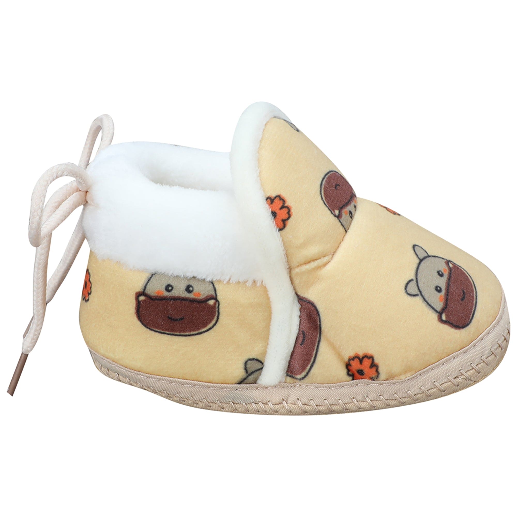 Baby Moo Hippo Face Printed Soft Slip-On Anti-Skid Plush Warm Booties - Mustard