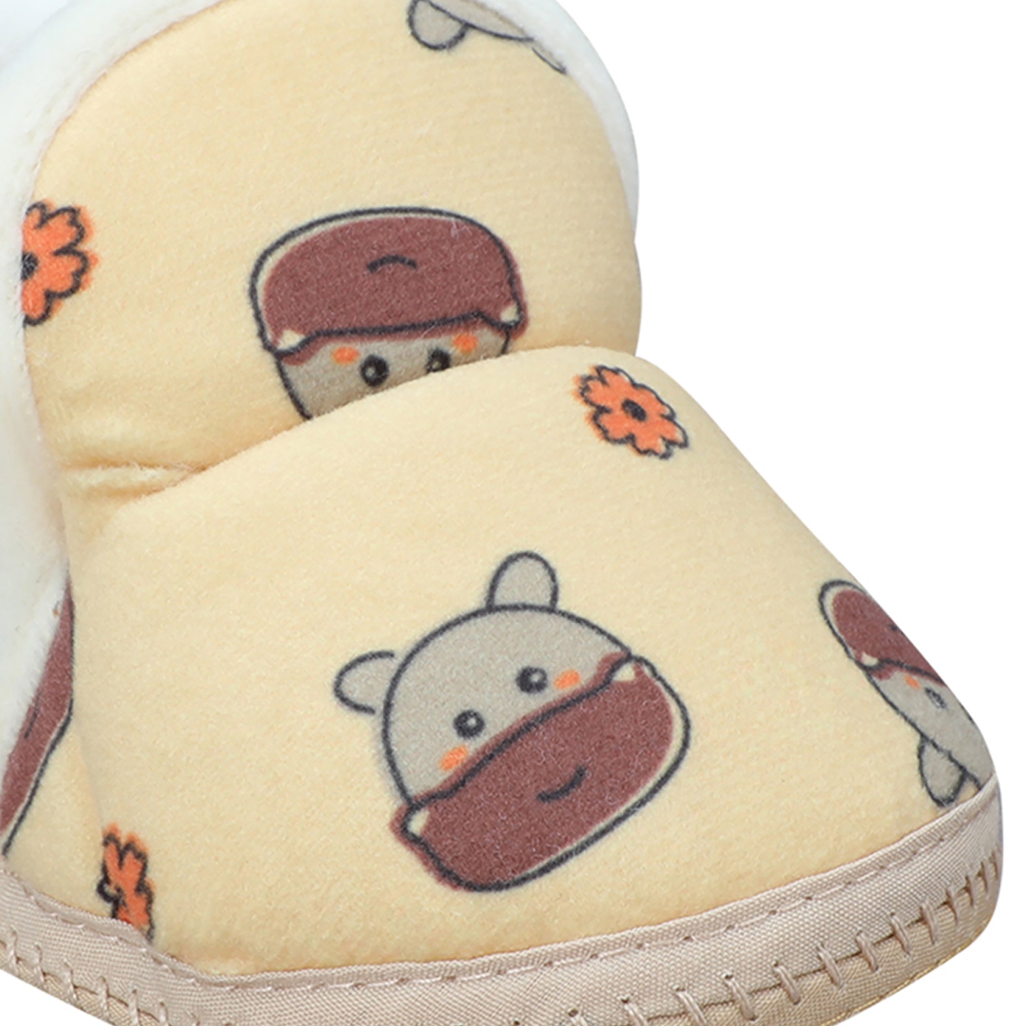 Baby Moo Hippo Face Printed Soft Slip-On Anti-Skid Plush Warm Booties - Mustard