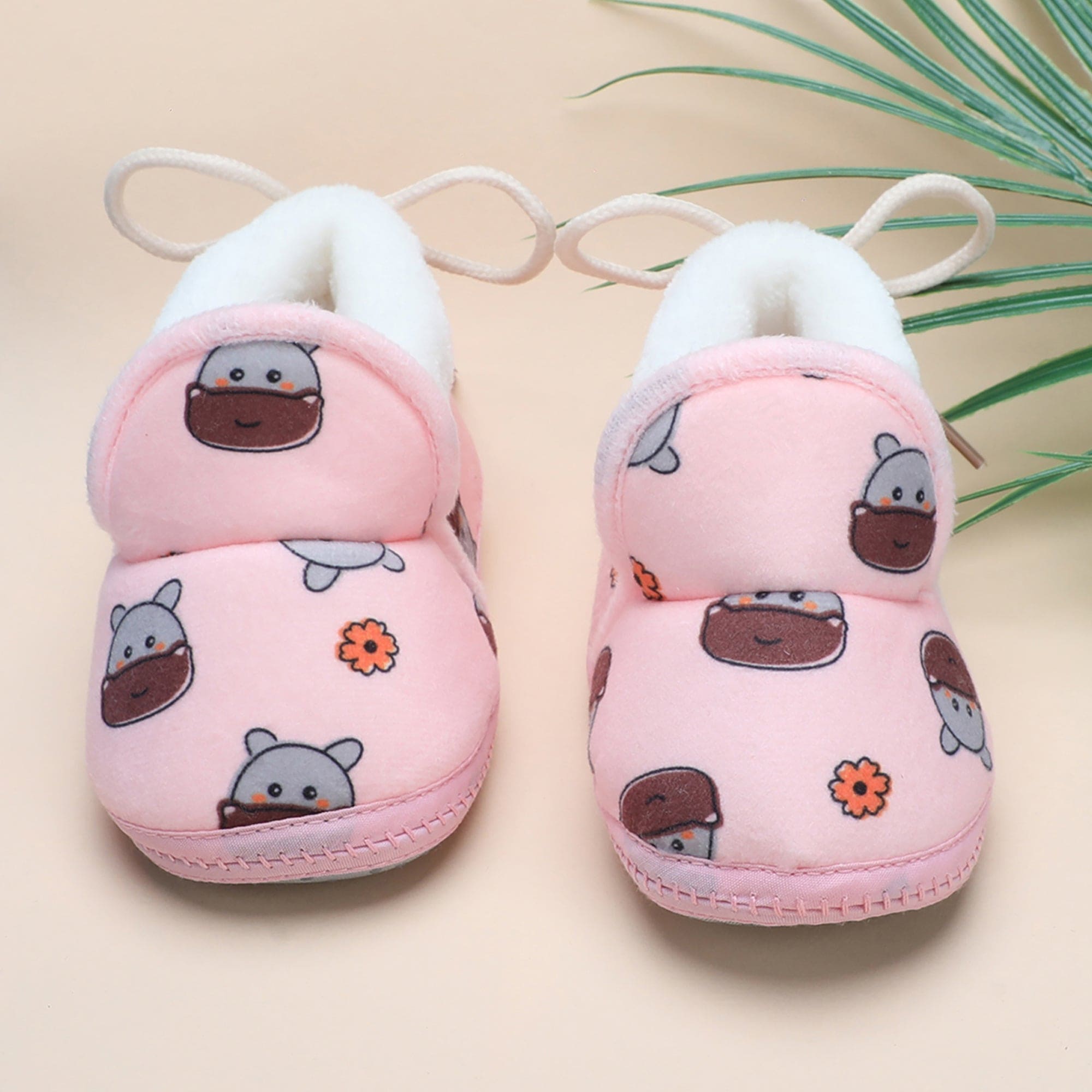 Baby Moo Hippo Face Printed Soft Slip-On Anti-Skid Plush Warm Booties - Pink