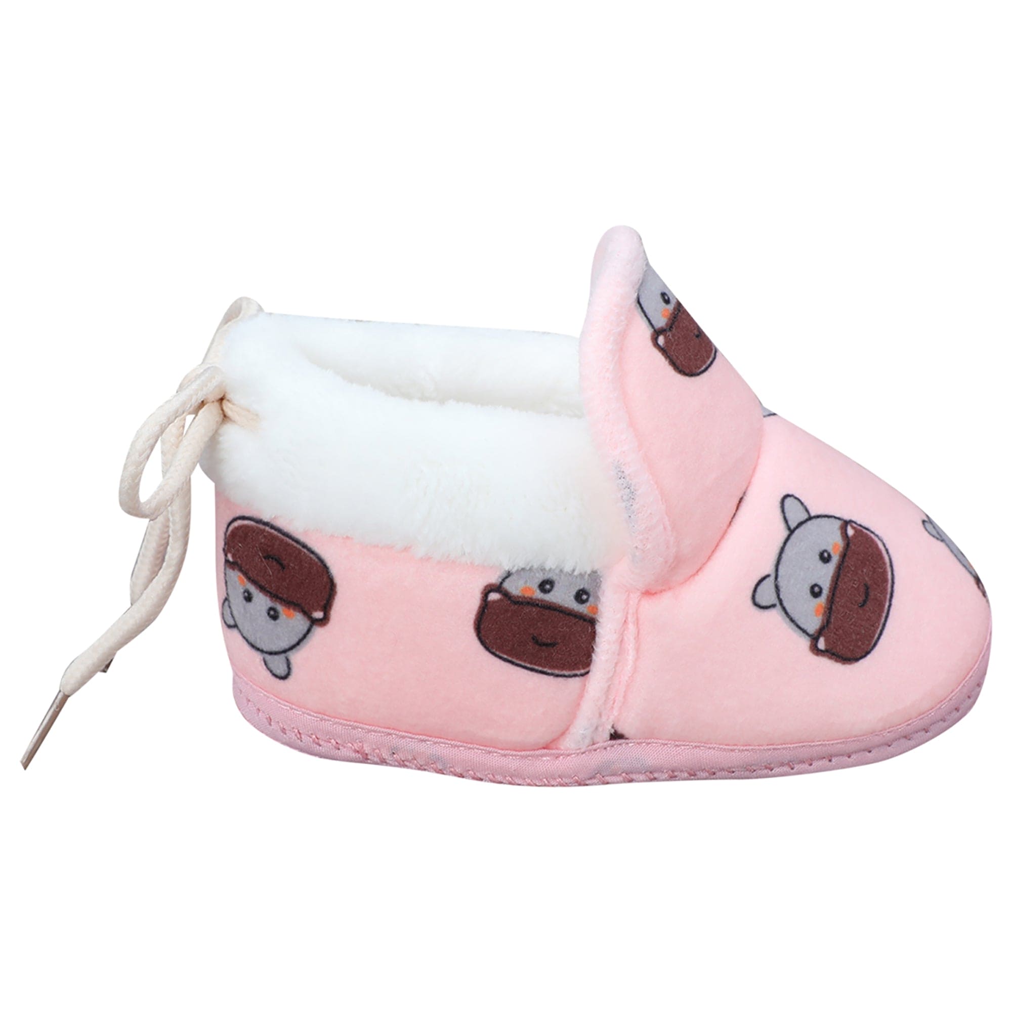 Baby Moo Hippo Face Printed Soft Slip-On Anti-Skid Plush Warm Booties - Pink