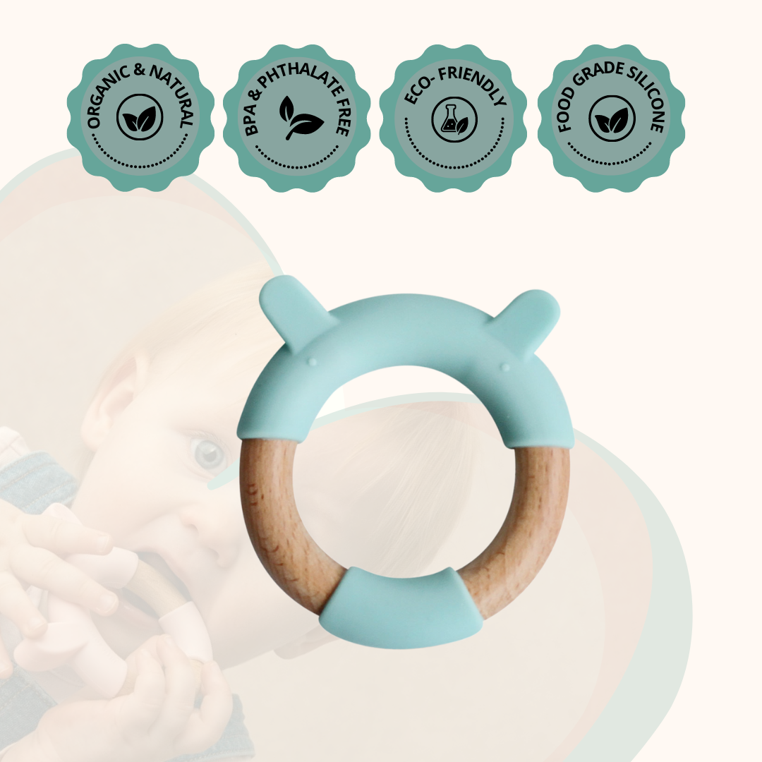 Wood + Silicone Ring Teether Toy - Blue