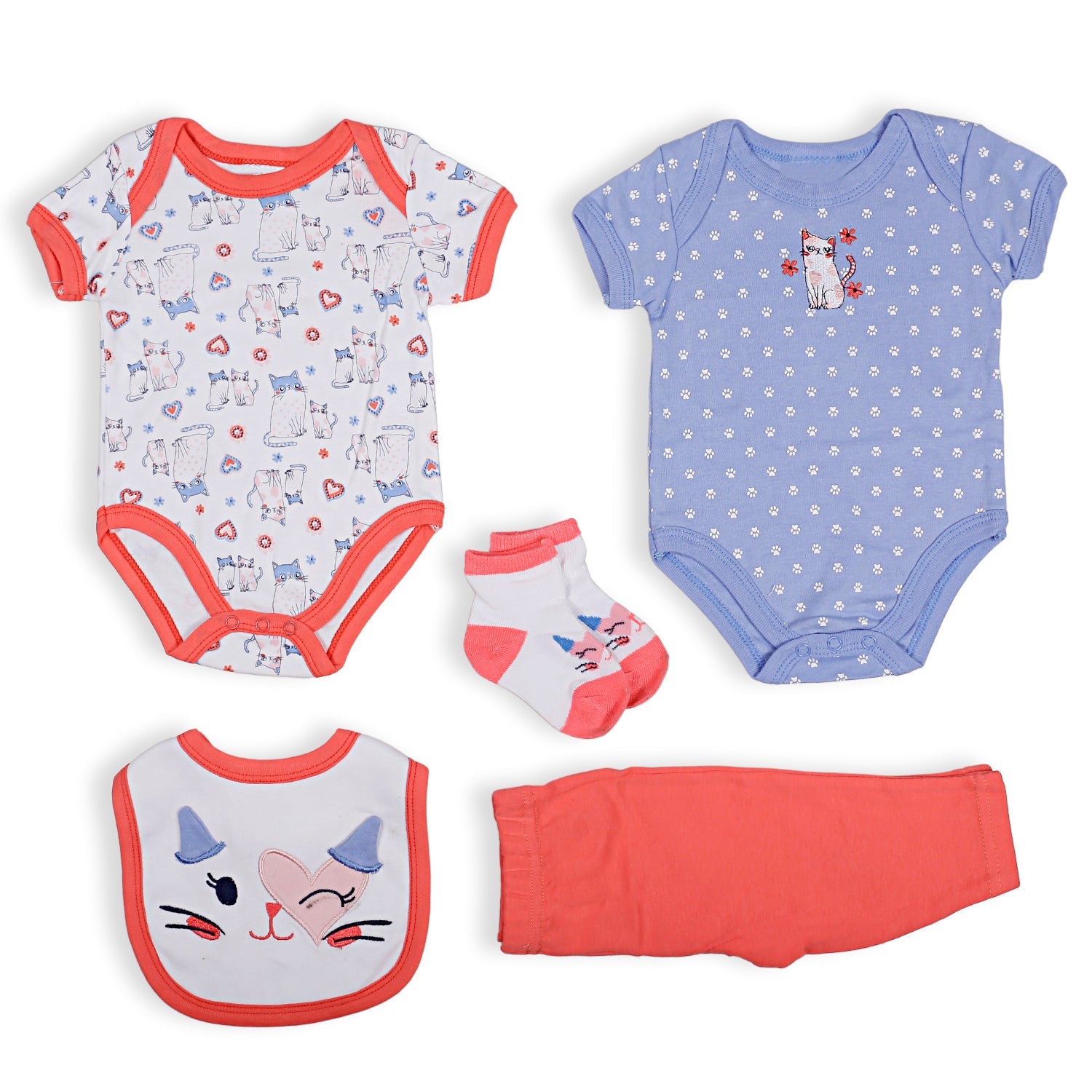 Gift Set Of 5 Bib Body Suits Pant And Socks Cat Multicolour - Baby Moo