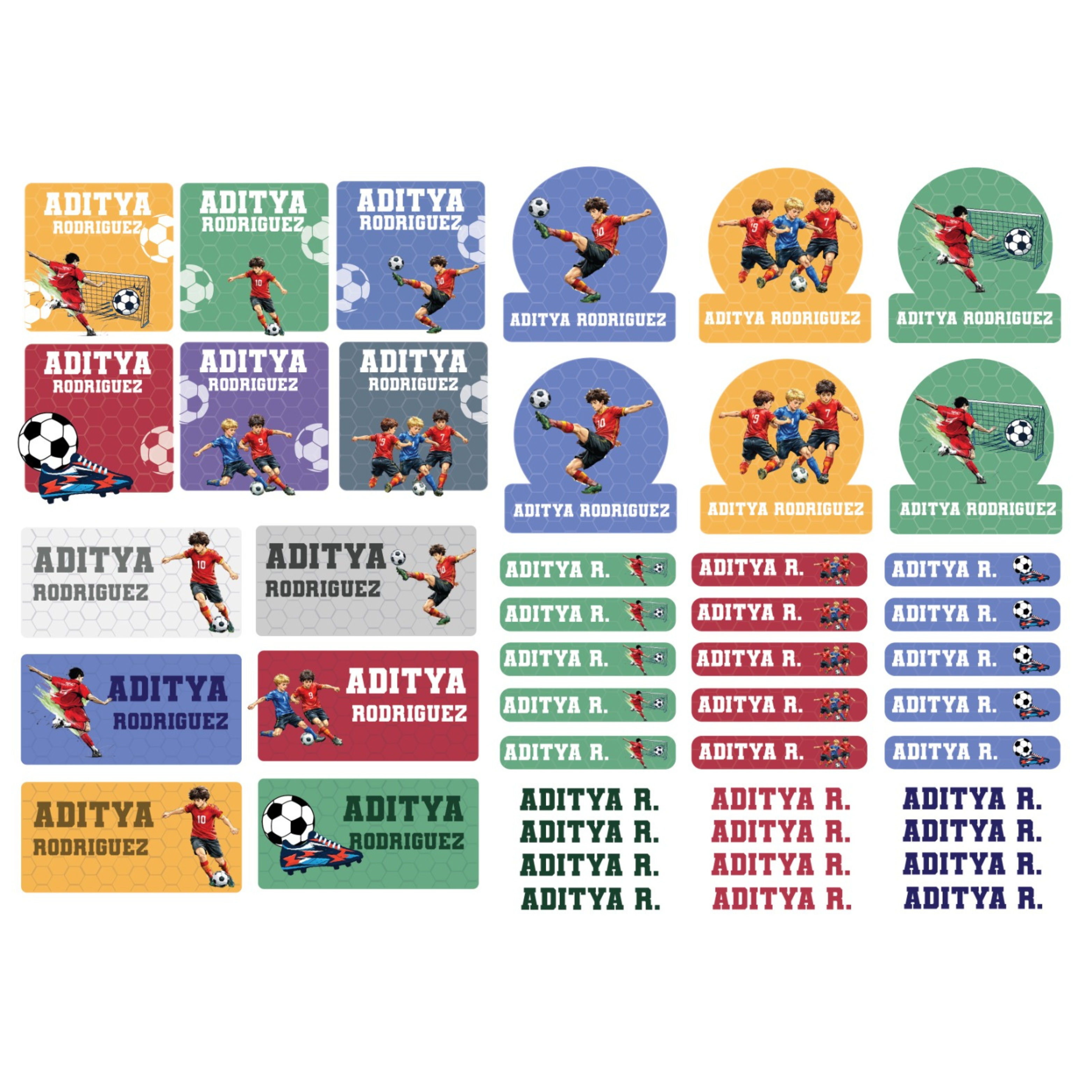 Personalized football waterproof name stickers for kids with Aditya Rodriguez name labels