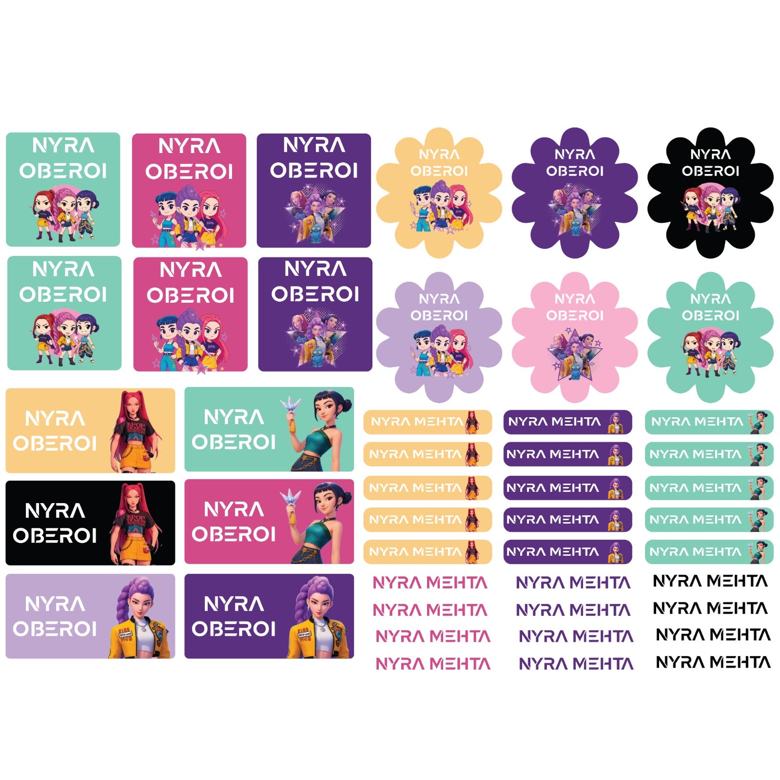 Personalized waterproof K-pop name stickers for kids with Nyra name designs on an A4 sticker sheet