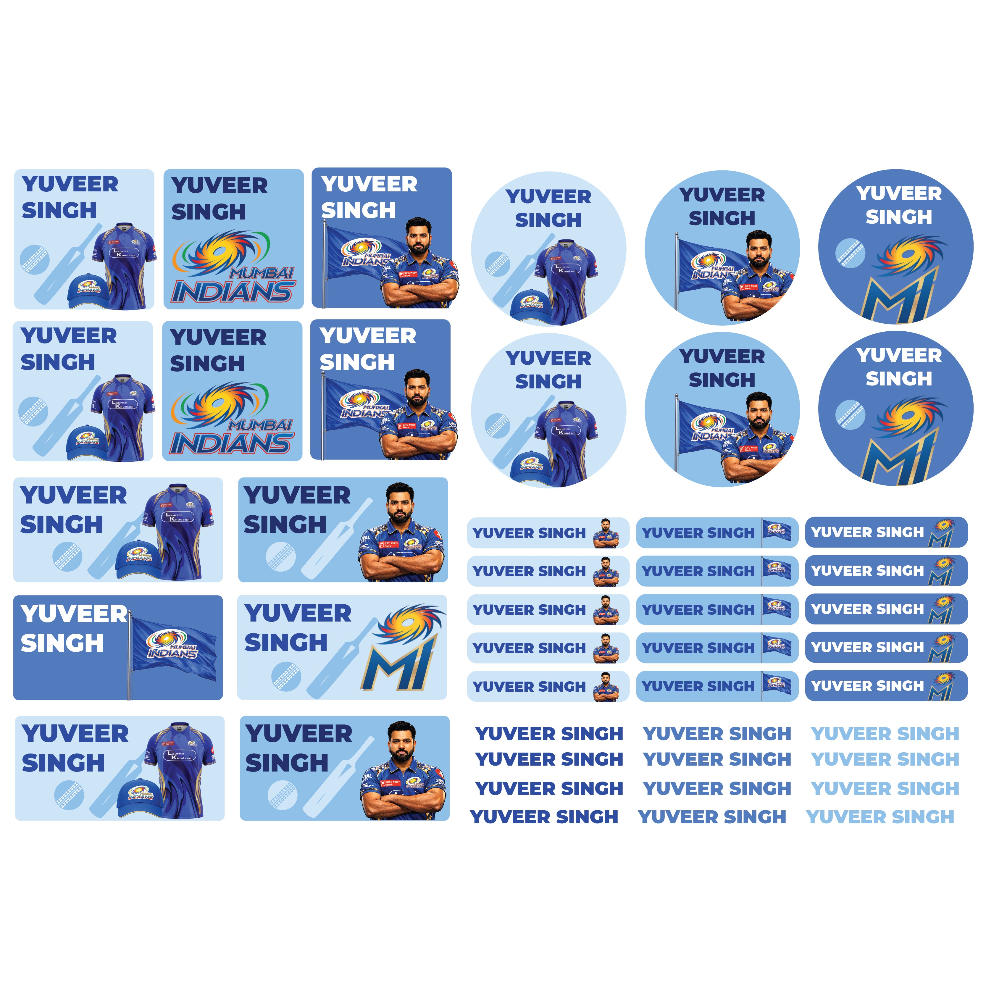Personalized Mumbai Indians cricket name stickers for kids with Yuveer Singh name designs
