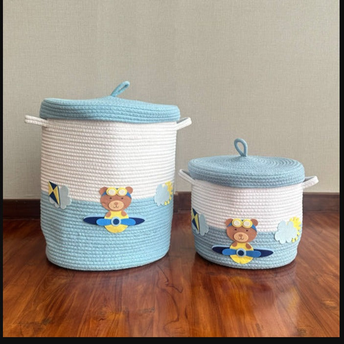 Teddy & Airplanes -Blue Rope Basket With Lid