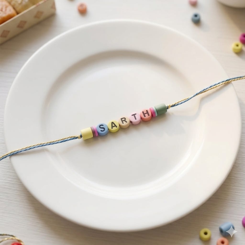 A delicate braided cord bracelet with colorful letter beads spelling 'SARTH' rests on a white ceramic plate. The beads are pastel yellow, blue, pink, and white with black letters, flanked by small yellow and green spacer beads.