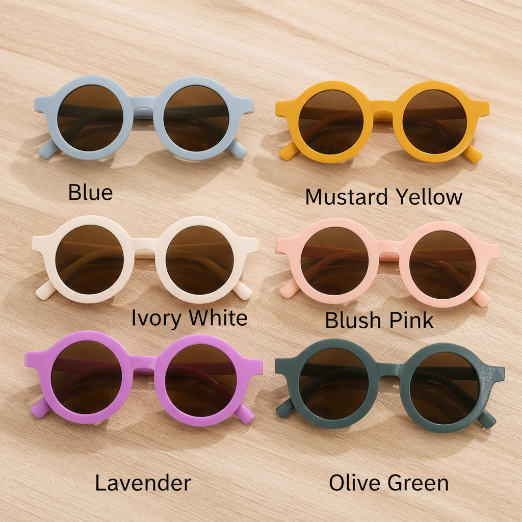 Six pairs of round-frame children's sunglasses in pastel colors, arranged in two rows on a light wood surface. The frames are light blue, mustard yellow, off-white, blush pink, lavender purple, and dark teal, with dark brown lenses.