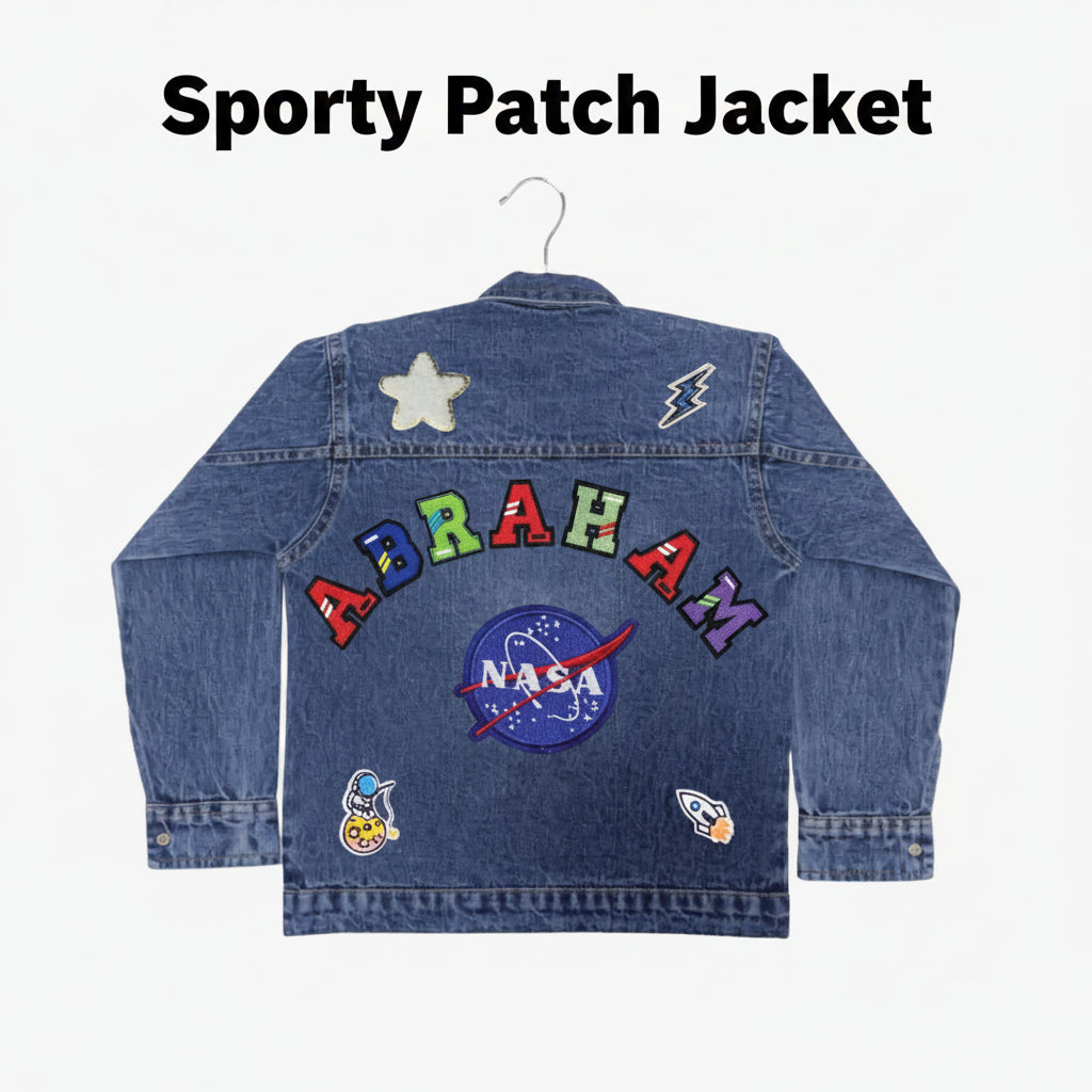 Blue denim jacket with various patches, including a NASA logo, on a white background.