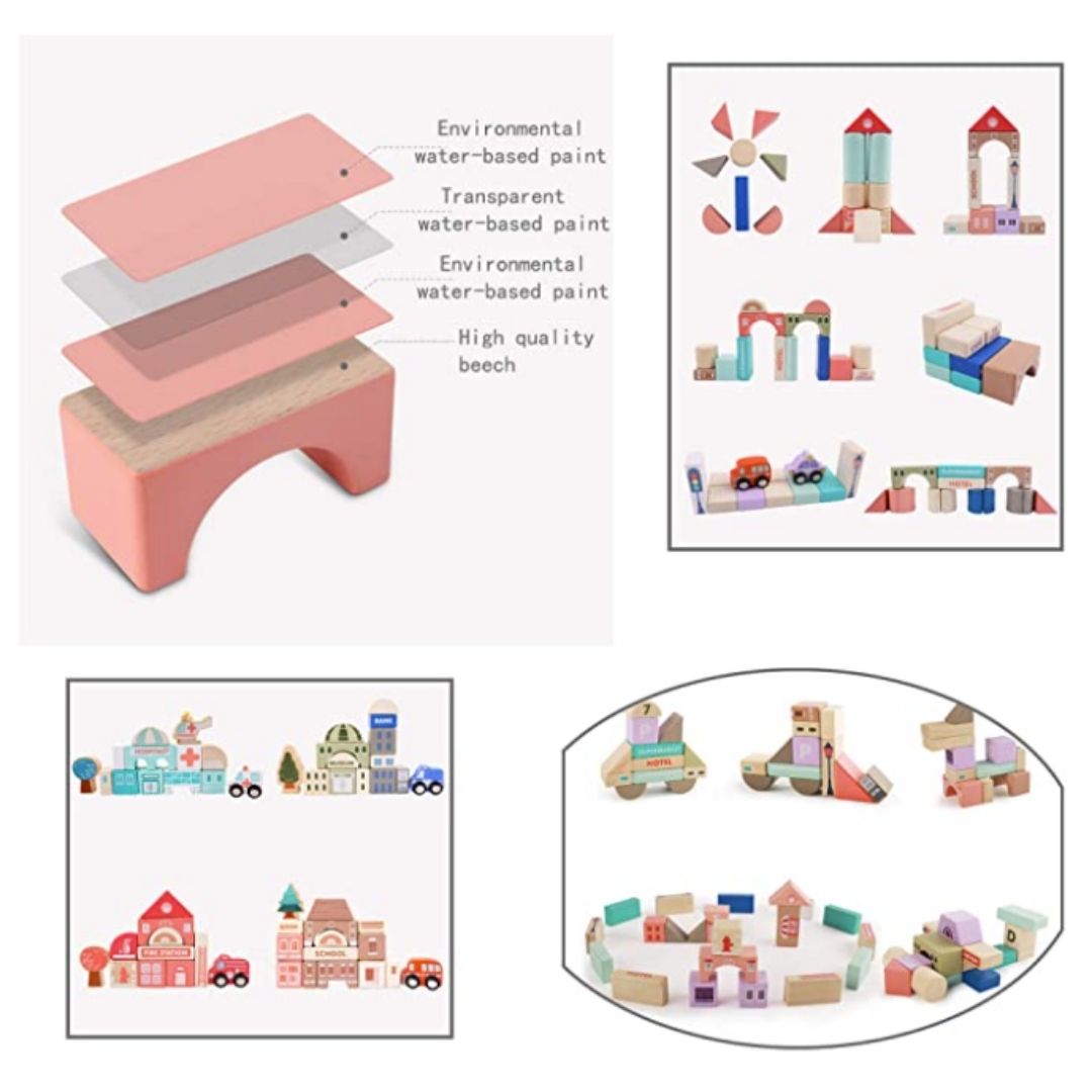 NESTA TOYS - 115 Pieces Wooden City Building Blocks | Stacking Educational Toys |Building Toys for Creative Play