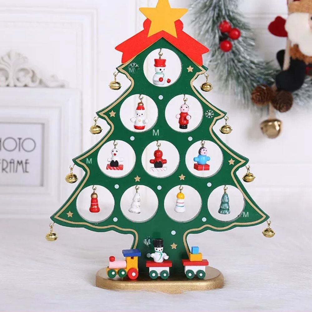 Wooden DIY Merry Mistletoe Tabletop Tree With 21 Ornaments (Green)