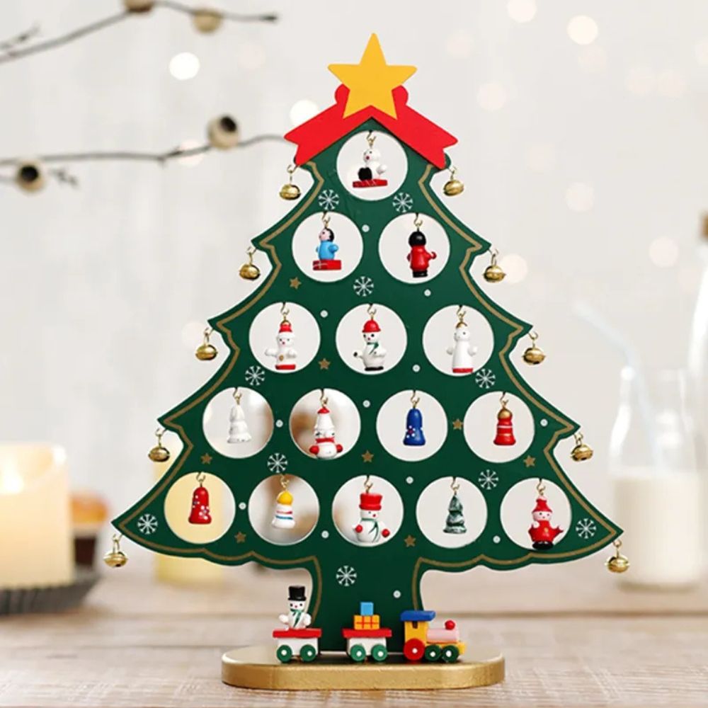 Wooden DIY Merry Mistletoe Tabletop Tree With 21 Ornaments (Green)