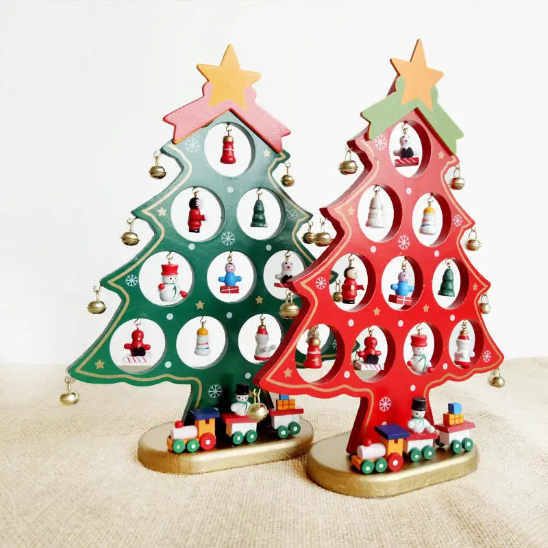 Wooden DIY Merry Mistletoe Tabletop Tree With 21 Ornaments (Set of Two)