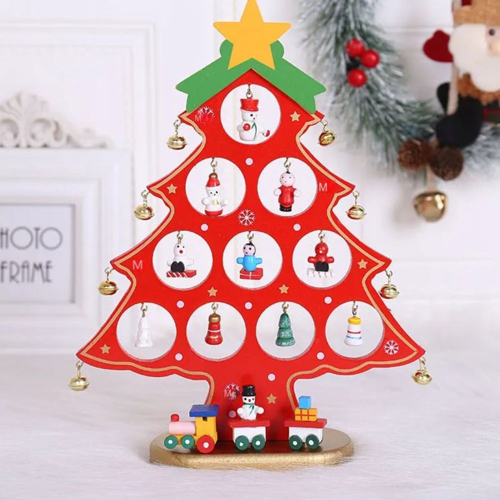 Wooden DIY Merry Mistletoe Tabletop Tree With 21 Ornaments (Red)