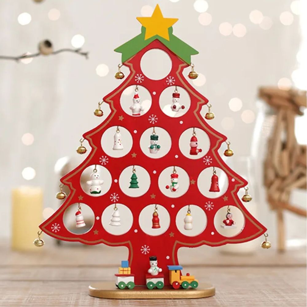 Wooden DIY Merry Mistletoe Tabletop Tree With 21 Ornaments (Red)