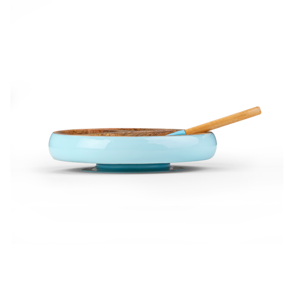 Wooden Round Plate With Silicone Suction And Spoon - Blue