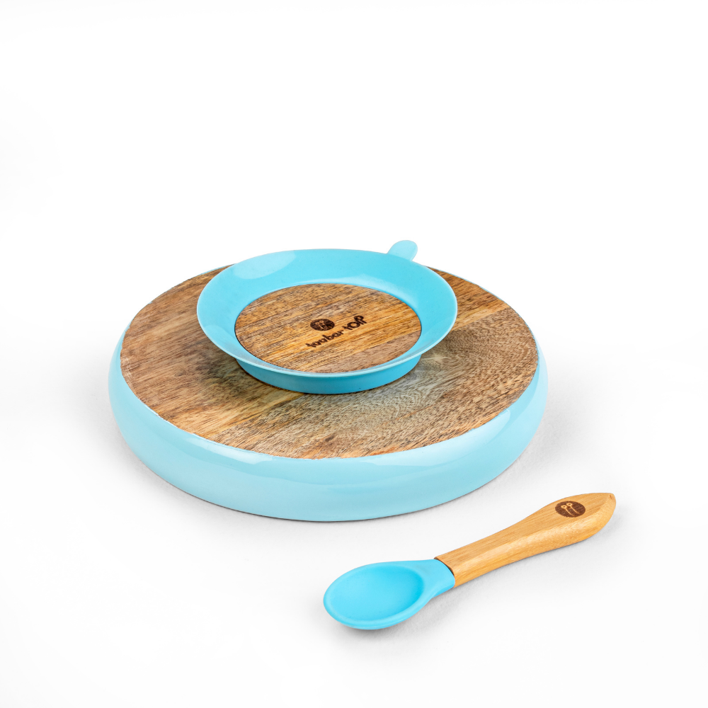 Wooden Round Plate With Silicone Suction And Spoon - Blue