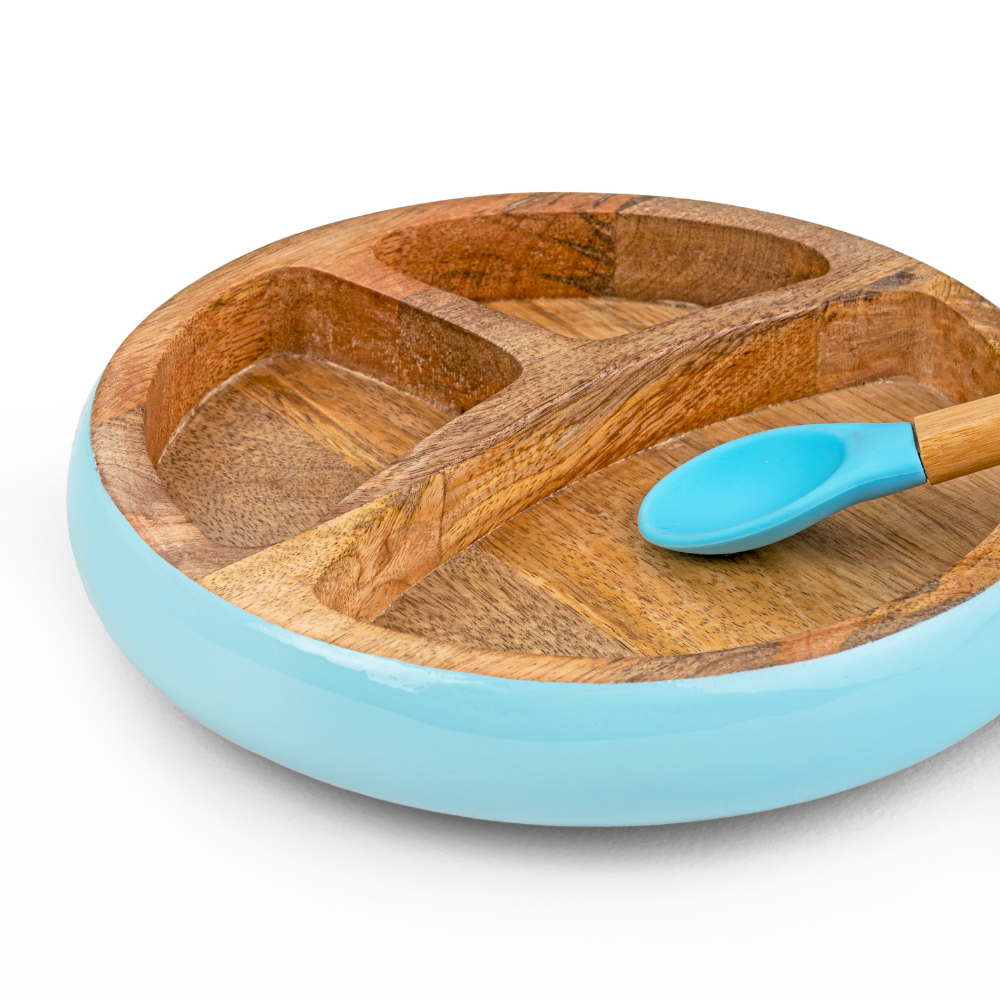 Wooden Round Plate With Silicone Suction And Spoon - Blue