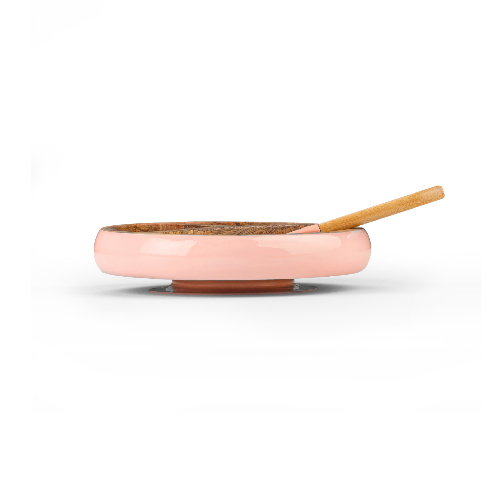 Wooden Round Plate With Silicone Suction And Spoon - Pink