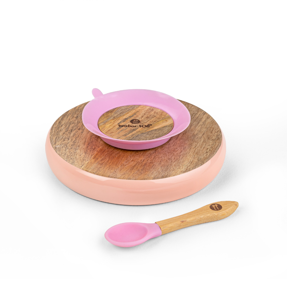 Wooden Round Plate With Silicone Suction And Spoon - Pink