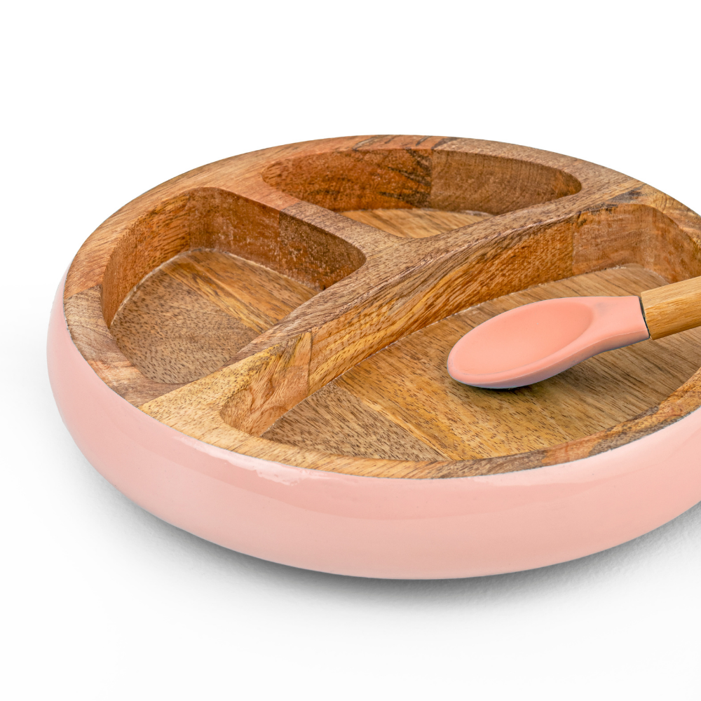 Wooden Round Plate With Silicone Suction And Spoon - Pink