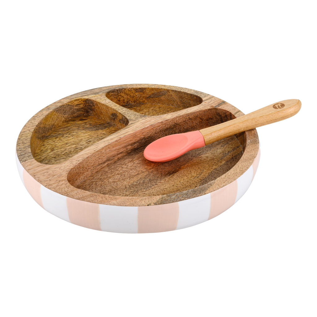 Wooden Round Plate with Silicone Suction and Spoon - Stripes