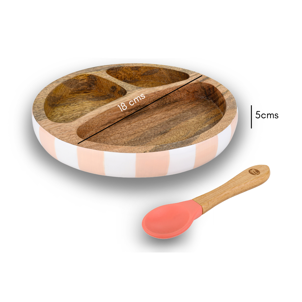 Wooden Round Plate with Silicone Suction and Spoon - Stripes