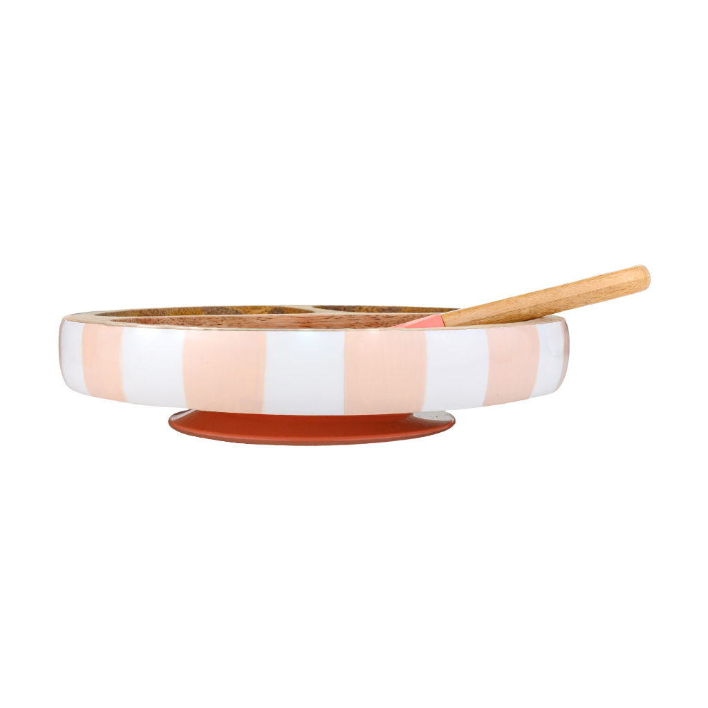 Wooden Round Plate with Silicone Suction and Spoon - Stripes