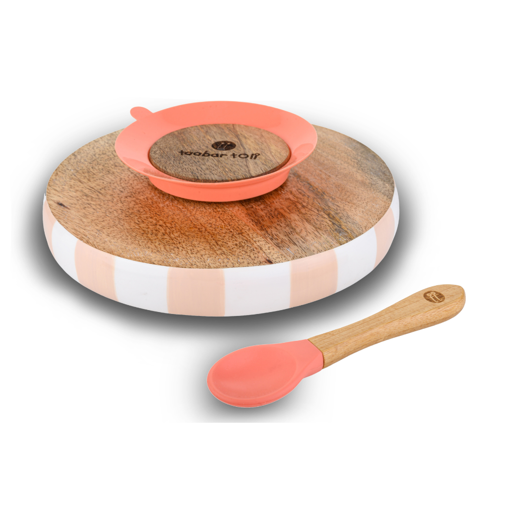 Wooden Round Plate with Silicone Suction and Spoon - Stripes