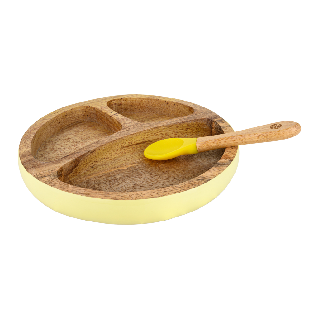 Wooden Round Plate with Silicone Suction and Spoon - Yellow