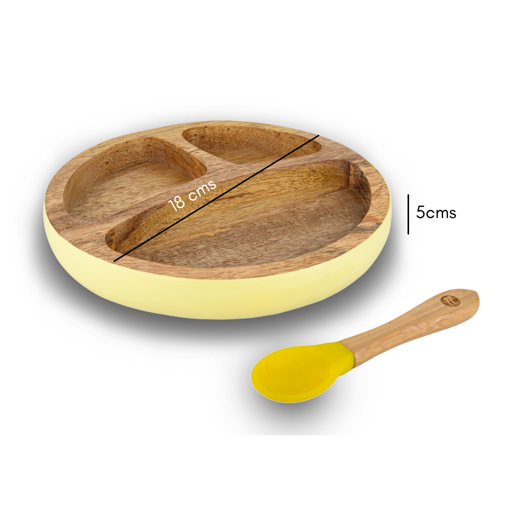 Wooden Round Plate with Silicone Suction and Spoon - Yellow