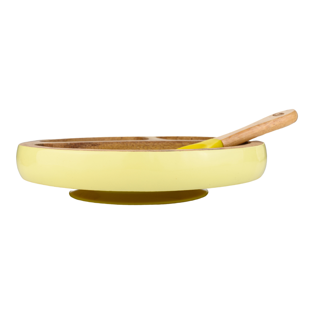 Wooden Round Plate with Silicone Suction and Spoon - Yellow