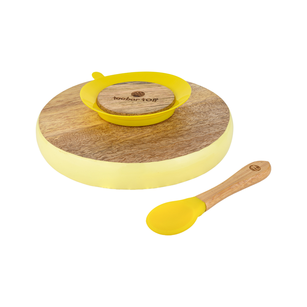 Wooden Round Plate with Silicone Suction and Spoon - Yellow