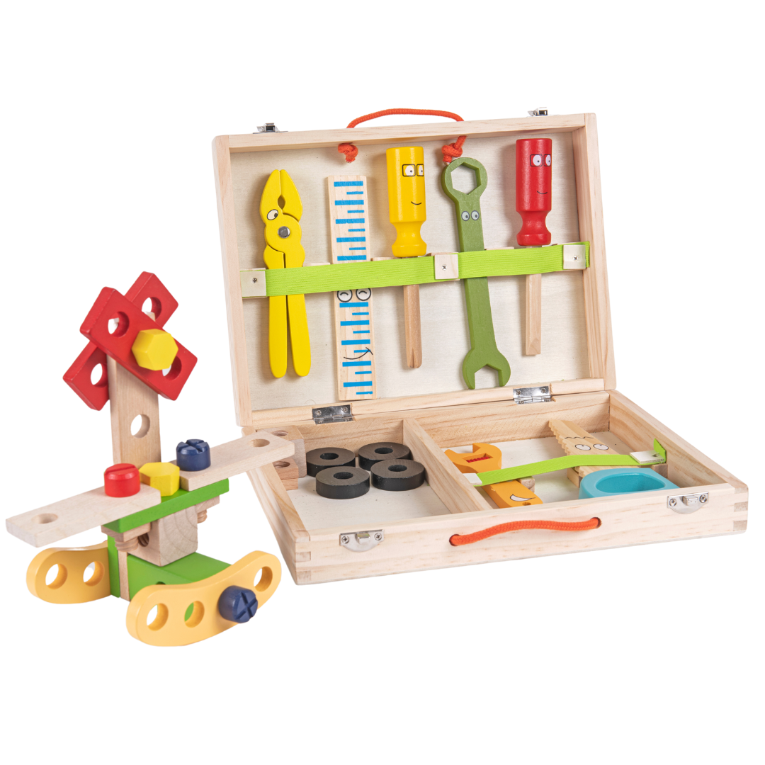 NESTA TOYS - Wooden Tool Kit Set with Tool Box | Pretend Play Portable Construction Tools Kit Toys for Kids | 36 Piece