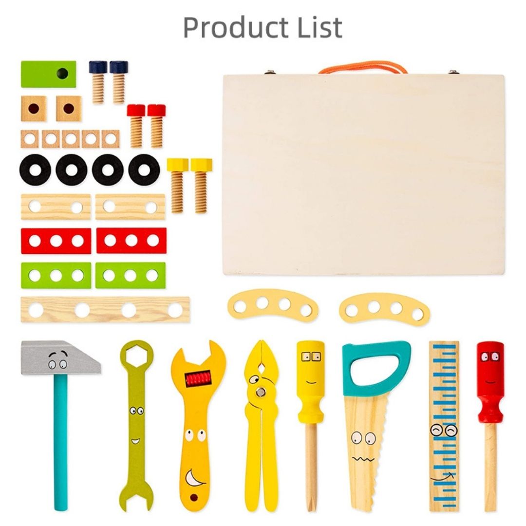 NESTA TOYS - Wooden Tool Kit Set with Tool Box | Pretend Play Portable Construction Tools Kit Toys for Kids | 36 Piece