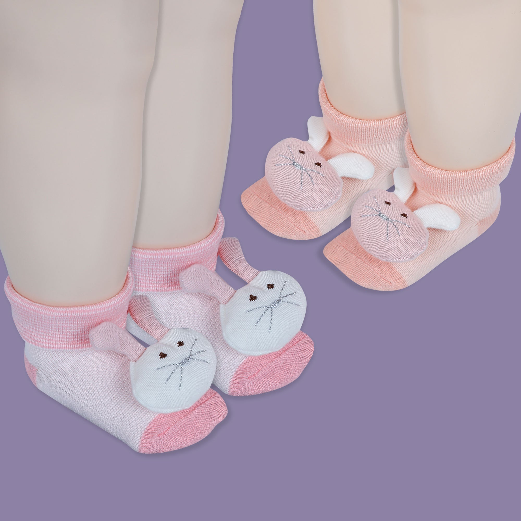 Baby Moo Rabbit 3D Rattle Anti-Skid Socks Booties Pack of 2 - Pink, Peach