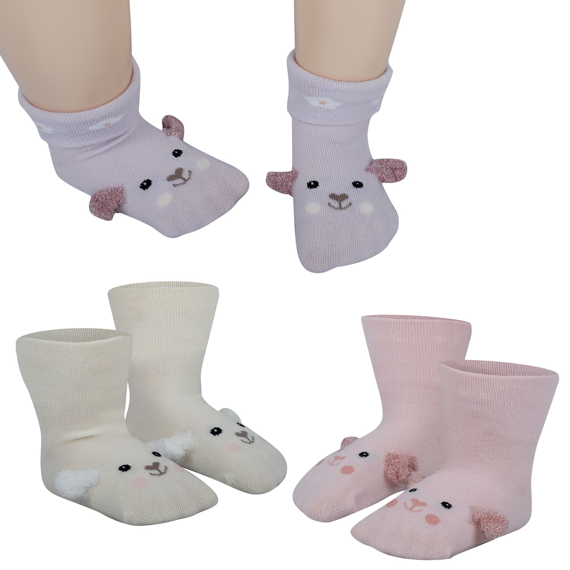 Baby Moo Puppy 3D Anti-Skid Socks Booties Pack of 3 - Pink